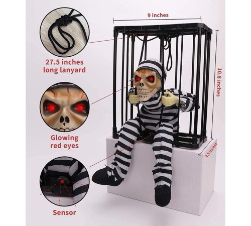 Hareketli Sesli Sensörlü Mahkum Görünümlü Kuru Kafa İskelet Dekorasyon 22x27 cm