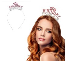 Kristal Taşlı Pembe Birthday Princess Yazılı Parti Tacı 19x11 cm