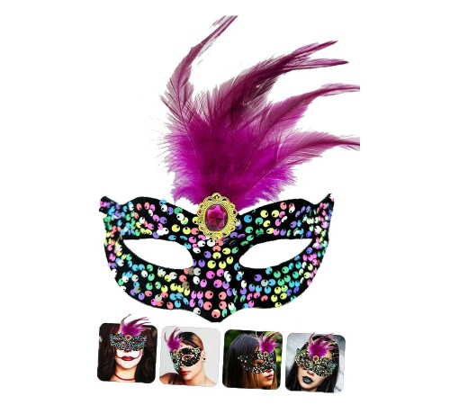 Siyah Kadife Üzeri Rengarenk Payetli Pullu Pembe Tüylü Pembe Taşlı Parti Maskesi 19x21 cm