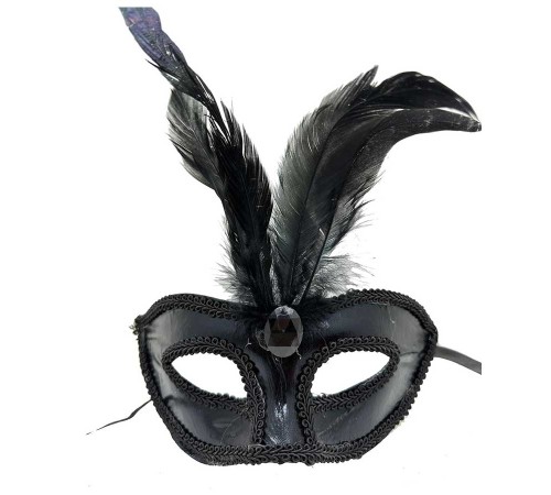 Siyah Renk Rugan Kaplama Kırmızı Tüylü Parti Maskesi 18x20 cm