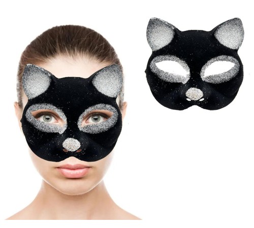 Siyah Renk Gümüş Simli Süet Kaplama Kedi Maskesi 18x14 cm