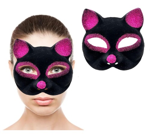 Siyah Renk Fuşya Simli Süet Kaplama Kedi Maskesi 18x14 cm