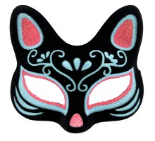 Siyah Renk Üzeri Mavi Kırmızı Simli Süet Kaplama Kedi Maskesi 17x14 cm