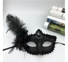 Siyah Mat Renk Yandan Tüylü Güllü Parti Balo Venedik Maskesi 16x22
