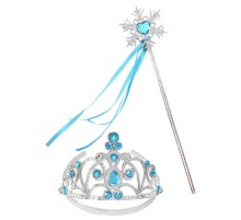 Mavi Taşlı Elsa Çocuk Taç ve Kar Temalı Kurdeleli Elsa Asası Sopası