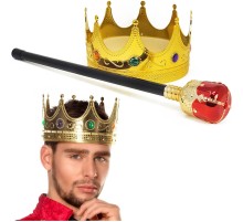 Altın Renk 60 cm Kral Tacı Kraliyet Tacı ve Kırmızı Topuzlu Kral Asası Seti