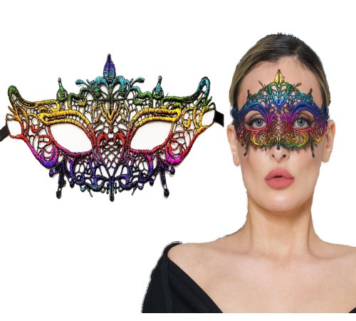 Rengarenk Dantel Kesim Dantel İşlemeli Balo Parti Maskesi Gökkuşağı