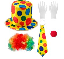 Renkli Palyaço Kostüm Seti – 5 Parça Aksesuar (Şapka, Peruk, Kravat, Eldiven, Burun)