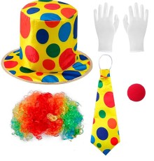 Renkli Palyaço Kostüm Seti – 5 Parça Aksesuar (Şapka, Peruk, Kravat, Eldiven, Burun)