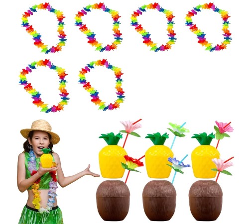 Tropikal Hawaii Parti Malzemeleri – Kolye, Pipet, Bardak Seti