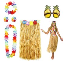 Hawaii Parti Kostüm Seti - 60 cm Hasır Etek, Çiçekli Aksesuarlar ve Ananas Gözlük