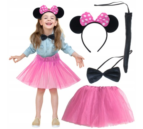Minnie Kostüm Seti (Pembe Tütü Etek + Pembe Taç + Papyon + Kuyruk)