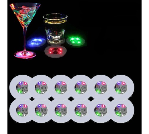 Renkli LED Işıklı Bardak Altlığı - Dekoratif 12 Adet Pilli