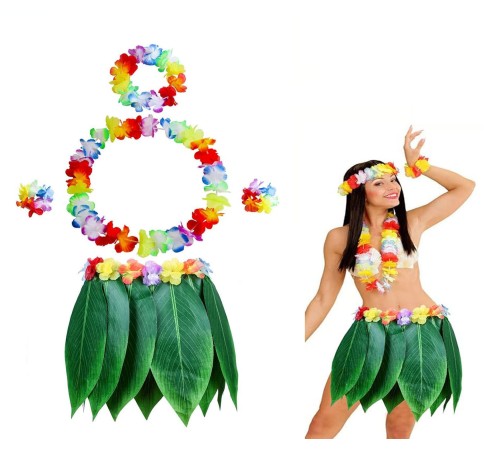Yetişkin Hawaii Kostüm Seti - Yaprak Etek & Hawaii Set - 5 Parça