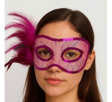 Fuşya Renk Yandan Tüylü Pul Payet İşlemeli Parti Maskesi 23x12 cm