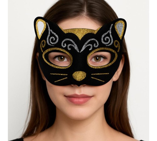 Kadife Dokulu Sim Detaylı Işıltılı Kedi Maskesi Altın Gümüş 20x13 cm