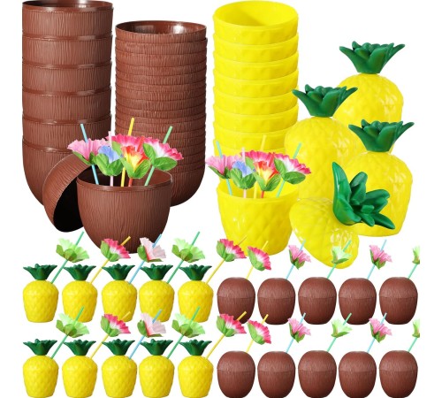 Tropikal Parti Bardak Seti – Ananas ve Hindistan Cevizi Şekilli Pipetli Bardaklar (20 Adet)