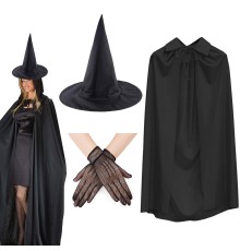 120 cm Siyah Yakalı Cadı Pelerini Cadı Şapkası ve 1 Çift Siyah Kısa File Tüm Eldiven Seti 3 Parça