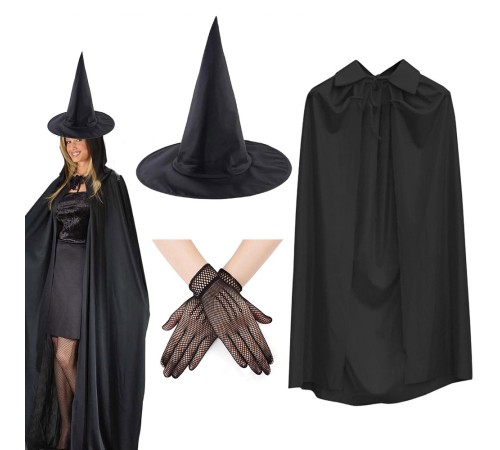 120 cm Siyah Yakalı Cadı Pelerini Cadı Şapkası ve 1 Çift Siyah Kısa File Tüm Eldiven Seti 3 Parça