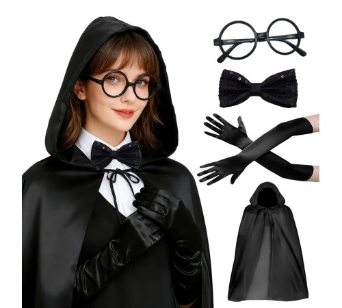 Siyah Kapüşonlu Büyücü ve Cadı Pelerin Kostüm Seti (4 Parça)