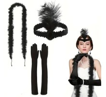 1920 ler Tarzı Siyah Tüylü Saç Bandı Rugan Siyah Eldiven ve Siyah Otri̇ş Seti