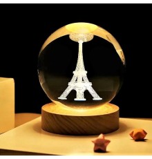 Dekoratif Eyfel Kulesi Tasarımlı Ahşap Altlıklı Işıklı Cam Küre Cam 6 Cm Ahşap 2 Cm