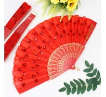 12 li Kırmızı Plastik Pullu Kumaş Yelpaze