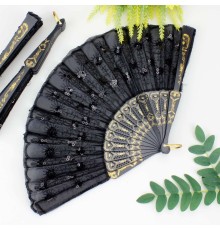 12 li Siyah Plastik Pullu Kumaş Yelpaze