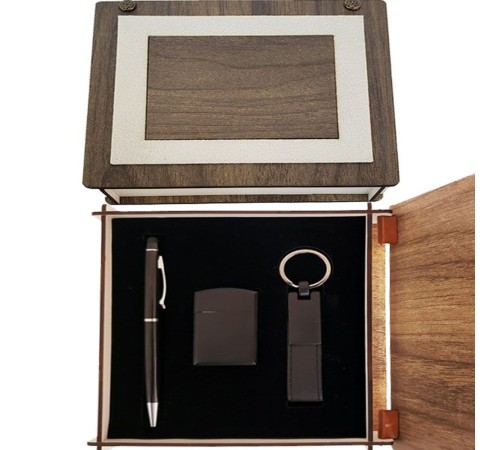 Özel Ahşap Kutulu Mat Siyah Kalem Anahtarlık ve Çakmak Set