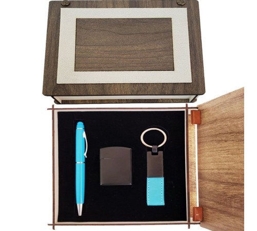 Özel Ahşap Kutulu Mavi Kalem Anahtarlık ve Çakmak Set