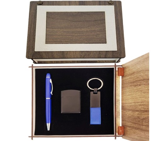 Özel Ahşap Kutulu Lacivert Kalem Anahtarlık ve Çakmak Set