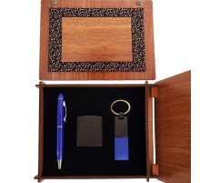 Ahşap Kutulu Mavi Kalem Anahtarlık ve Çakmak Set