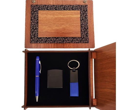 Ahşap Kutulu Mavi Kalem Anahtarlık ve Çakmak Set