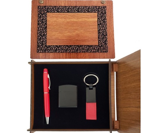 Ahşap Kutulu Kırmızı Kalem Anahtarlık ve Çakmak Set