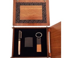 Ahşap Kutulu Bakır Roller Kalem Taba Renk Anahtarlık ve Çakmak Set