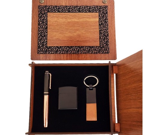 Ahşap Kutulu Bakır Roller Kalem Taba Renk Anahtarlık ve Çakmak Set