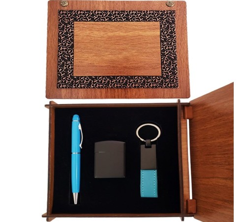 Ahşap Kutulu Çakmak ve Mavi Kalem Anahtarlık Set