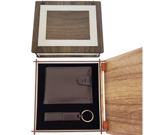 Ahşap Kutulu Deri Cüzdan Anahtarlık Set