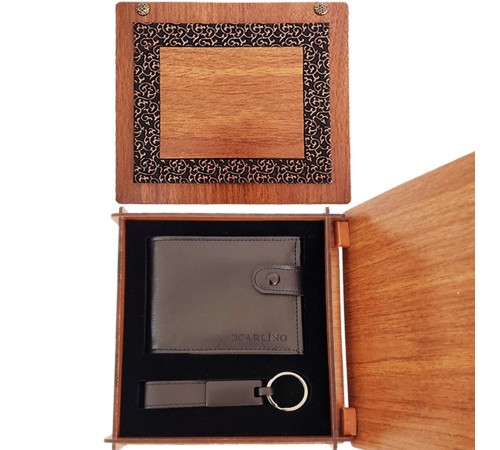 Ahşap Kutulu Cüzdan ve Mat Siyah Anahtarlık