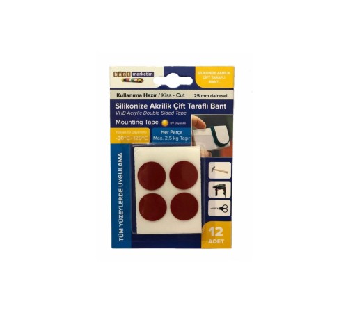 Silikonize Gri Akrilik Çift Taraflı Bant Gri 12' Li Yuvarlak