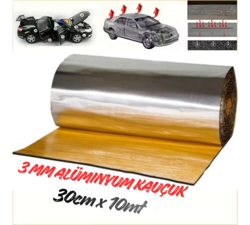 Araç Oto Ses Isı Yalıtım Bandı 3mm x 30cmx10metre Alüminyum Folyolu Kauçuk Bant Izolasyon Malzemesi